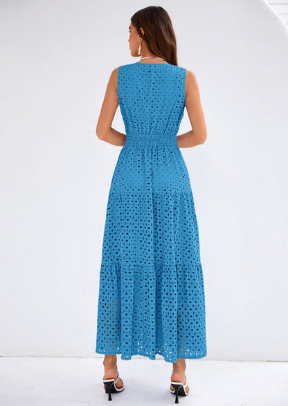 Eyelet A-Line Flowy Maxi Dress - Sleeveless, V-Neck, Beach - photo 33