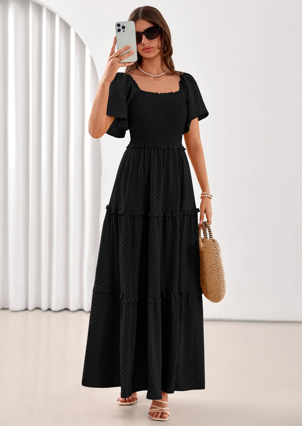 Swiss Dot Smocked Maxi Dress - Short Sleeve, Square Neck, Boho - photo 11