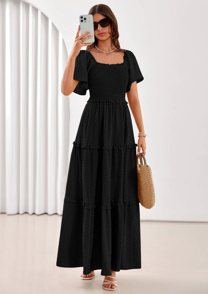 Swiss Dot Smocked Maxi Dress - Short Sleeve, Square Neck, Boho - photo 11