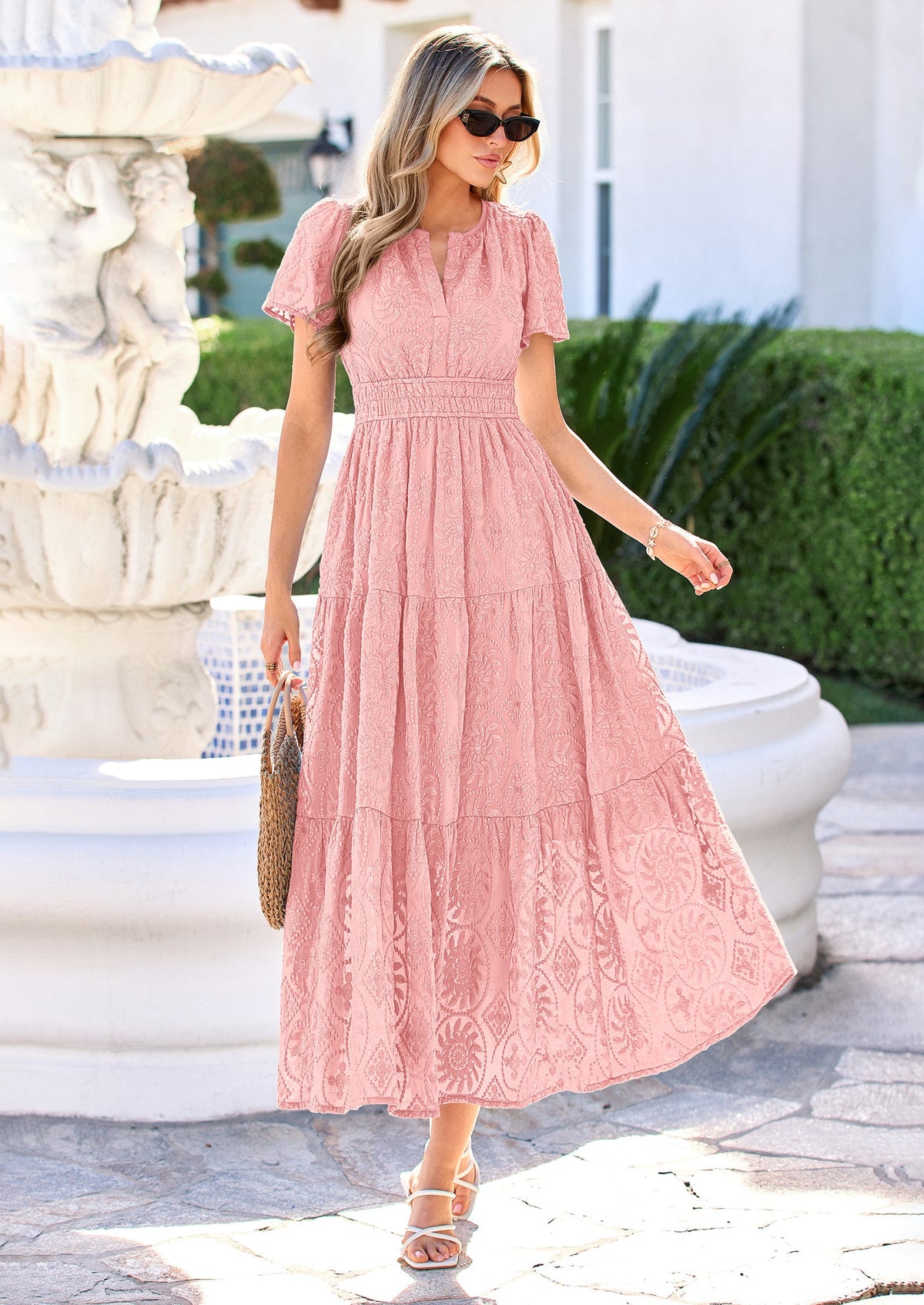 Floral A-Line Maxi Dress - Short Sleeve, V-Neck, Boho - Photo 5