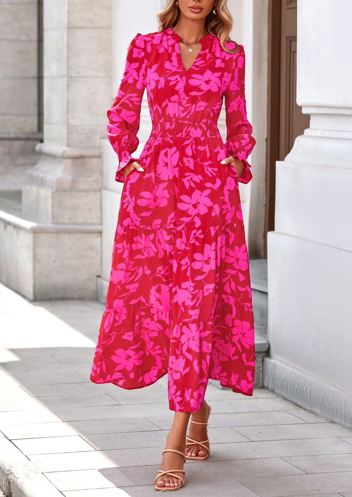 Floral A-Line Flowy Maxi Dress - Long Sleeve, V-Neck, Casual - photo 35