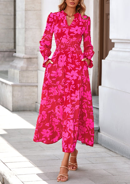 Floral A-Line Flowy Maxi Dress - Long Sleeve, V-Neck, Casual - photo 35
