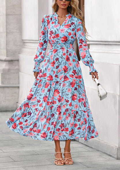 Floral A-Line Flowy Maxi Dress - Long Sleeve, V-Neck, Casual - photo 3