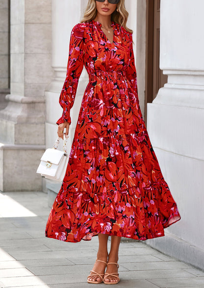 Floral A-Line Flowy Maxi Dress - Long Sleeve, V-Neck, Casual - photo 46
