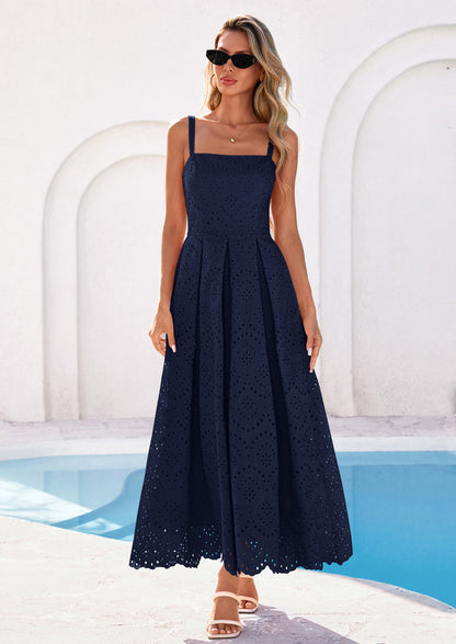 Eyelet Flowy Maxi Dress - Sleeveless, Square Neck, Beach - photo 18