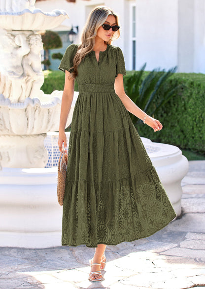 Floral A-Line Maxi Dress - Short Sleeve, V-Neck, Boho - Photo 41
