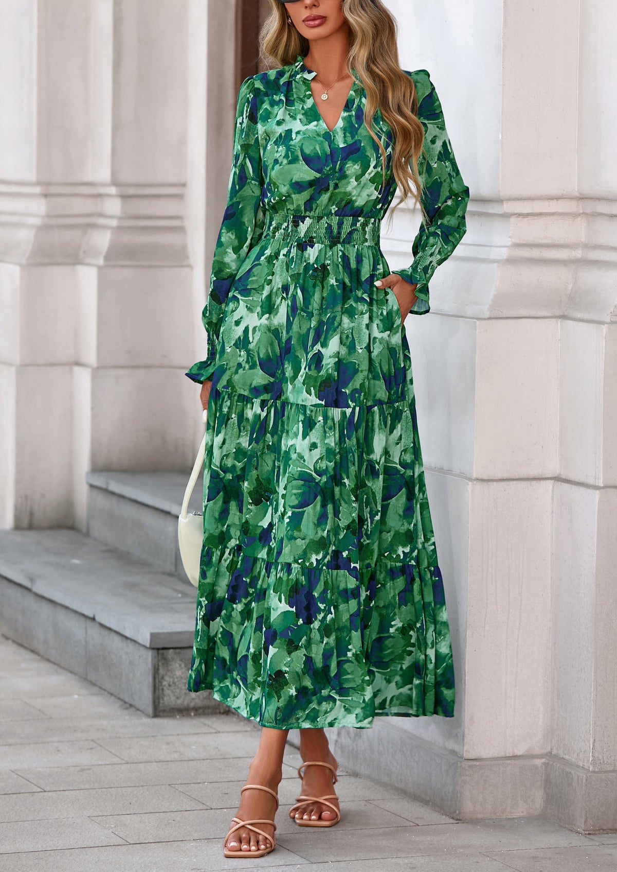Floral A-Line Flowy Maxi Dress - Long Sleeve, V-Neck, Casual - photo 72