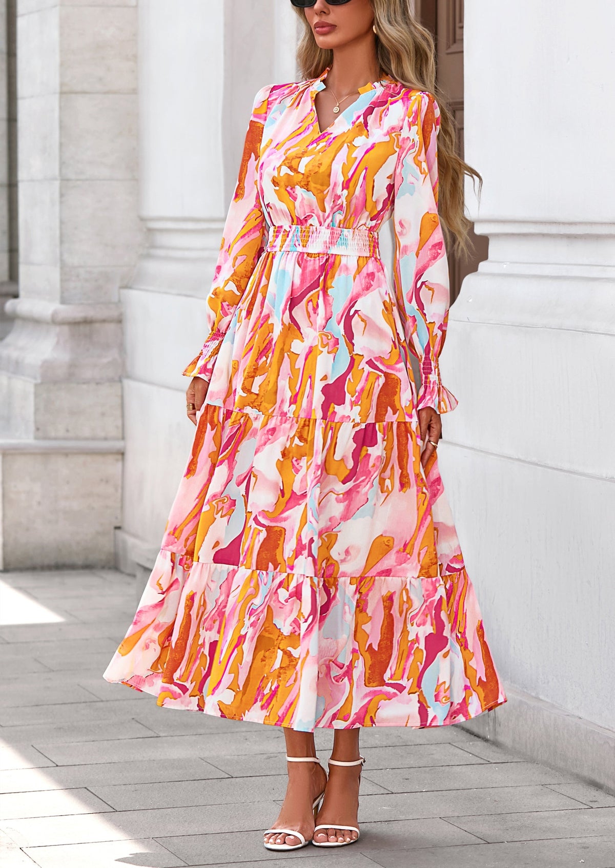 Floral A-Line Flowy Maxi Dress - Long Sleeve, V-Neck, Casual - photo 75