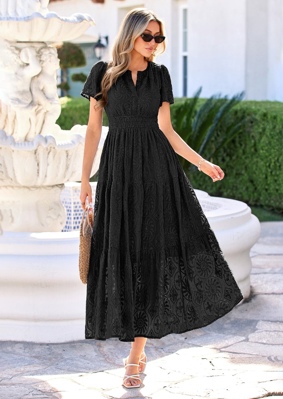 Floral A-Line Maxi Dress - Short Sleeve, V-Neck, Boho - Photo 17