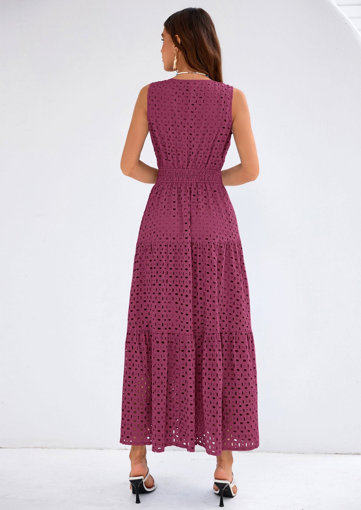 Eyelet A-Line Flowy Maxi Dress - Sleeveless, V-Neck, Beach - photo 28