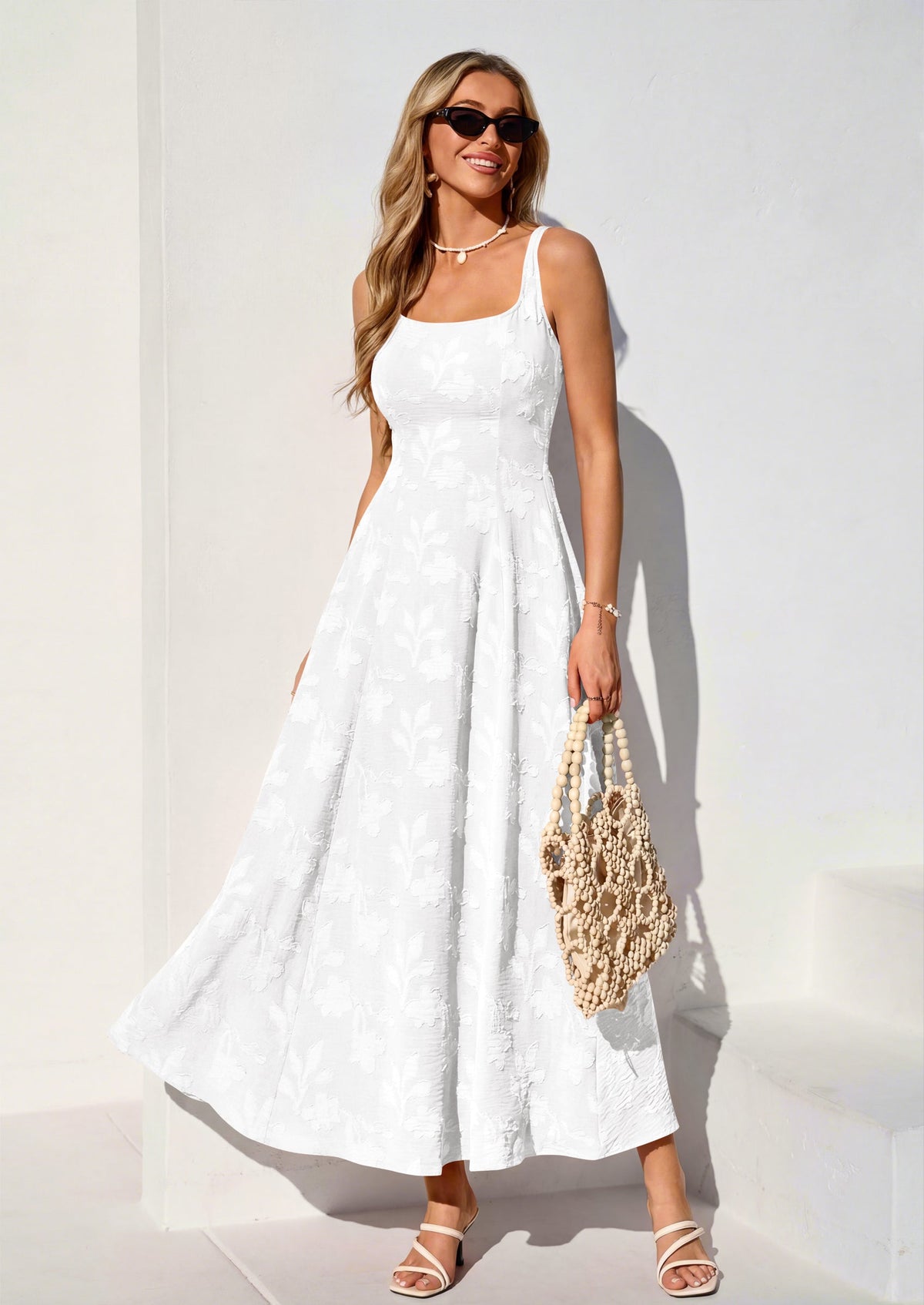 Jacquard Flowy Maxi Dress - Sleeveless, Square Neck, Casual - photo 35
