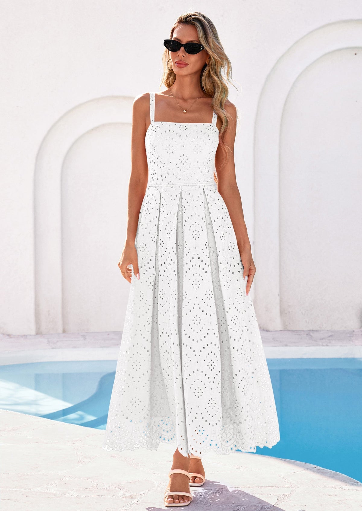 Eyelet Flowy Maxi Dress - Sleeveless, Square Neck, Beach - photo 25