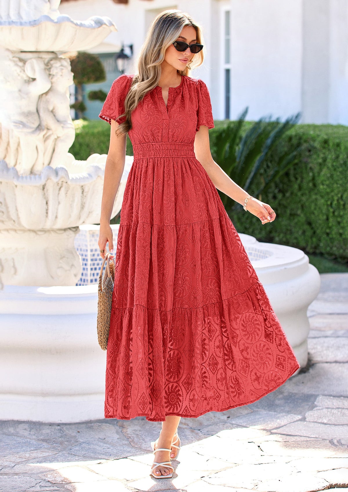 Floral A-Line Maxi Dress - Short Sleeve, V-Neck, Boho - Photo 23