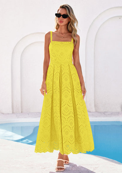 Eyelet Flowy Maxi Dress - Sleeveless, Square Neck, Beach - photo 79