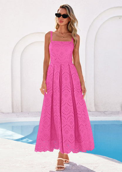 Eyelet Flowy Maxi Dress - Sleeveless, Square Neck, Beach - photo 49