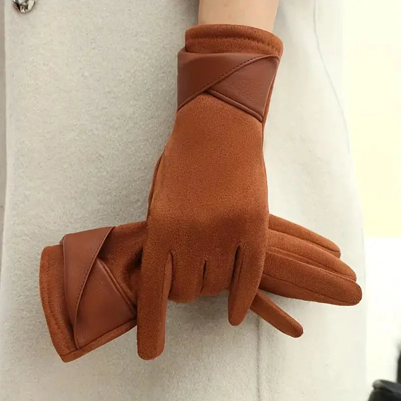 Isabella warm winter gloves in neutral tones, plush velvet touchscreen-compatible with fleece lining