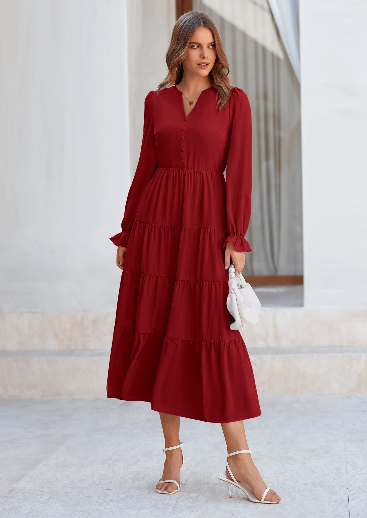 Brick Red Swiss Dot Smocked Tiered Maxi Dress - Long Sleeve, photo 58