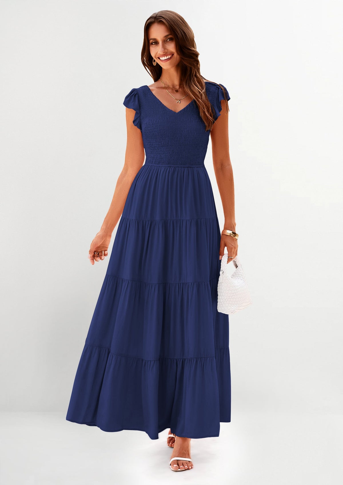 Flowy Smocked Maxi Dress - Cap Sleeve, V-Neck, Casual - photo 56