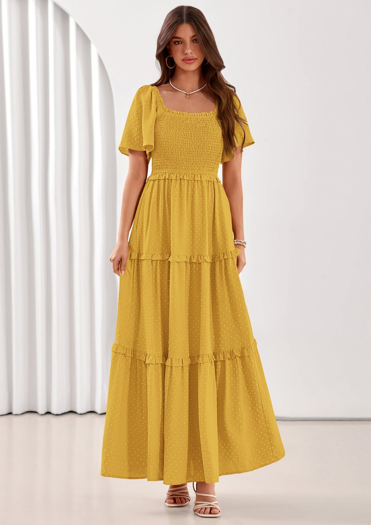 Swiss Dot Smocked Maxi Dress - Short Sleeve, Square Neck, Boho - photo 44