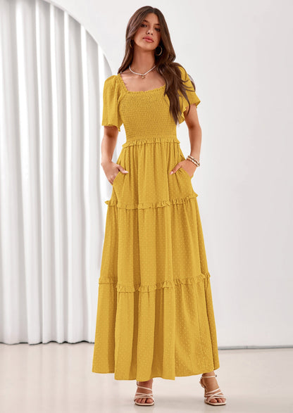 Swiss Dot Smocked Maxi Dress - Short Sleeve, Square Neck, Boho - photo 47