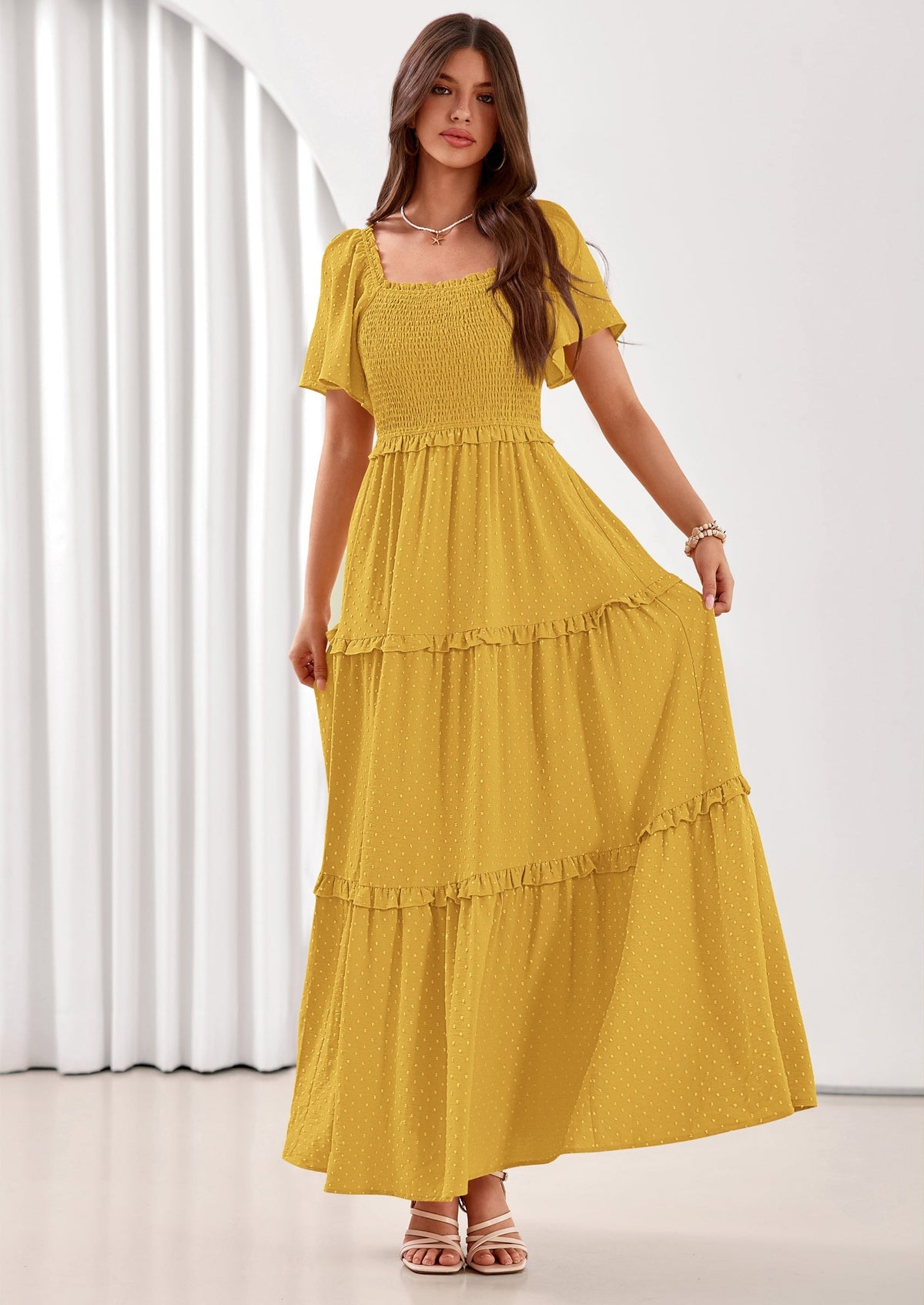 Swiss Dot Smocked Maxi Dress - Short Sleeve, Square Neck, Boho - photo 49