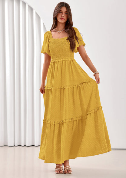 Swiss Dot Smocked Maxi Dress - Short Sleeve, Square Neck, Boho - photo 49