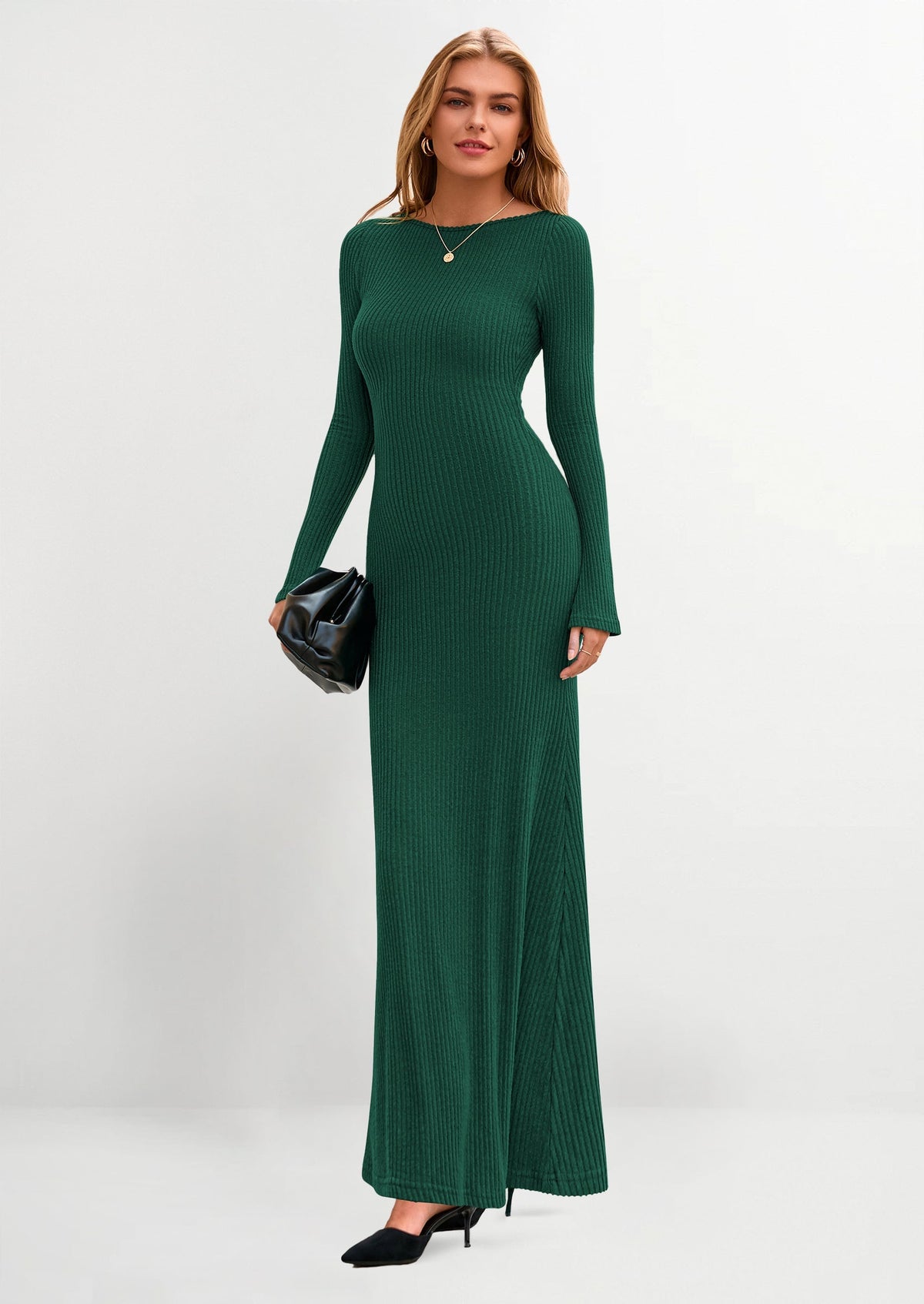 Ribbed Knit Bodycon Maxi Dress - Long Sleeve, Boat Neck, photo 14