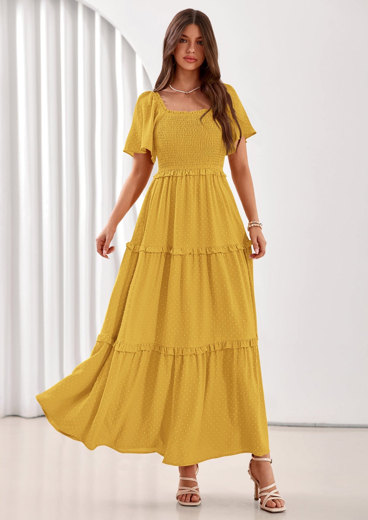 Swiss Dot Smocked Maxi Dress - Short Sleeve, Square Neck, Boho - photo 48