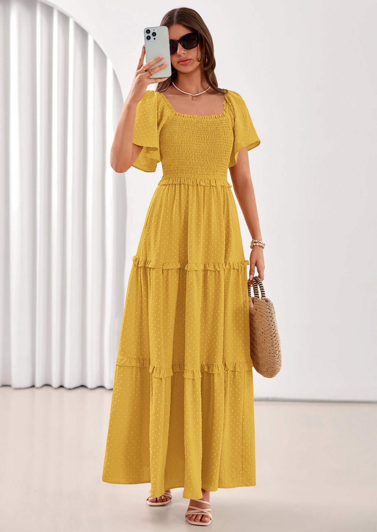 Swiss Dot Smocked Maxi Dress - Short Sleeve, Square Neck, Boho - photo 46