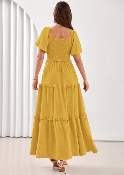 Swiss Dot Smocked Maxi Dress - Short Sleeve, Square Neck, Boho - photo 45