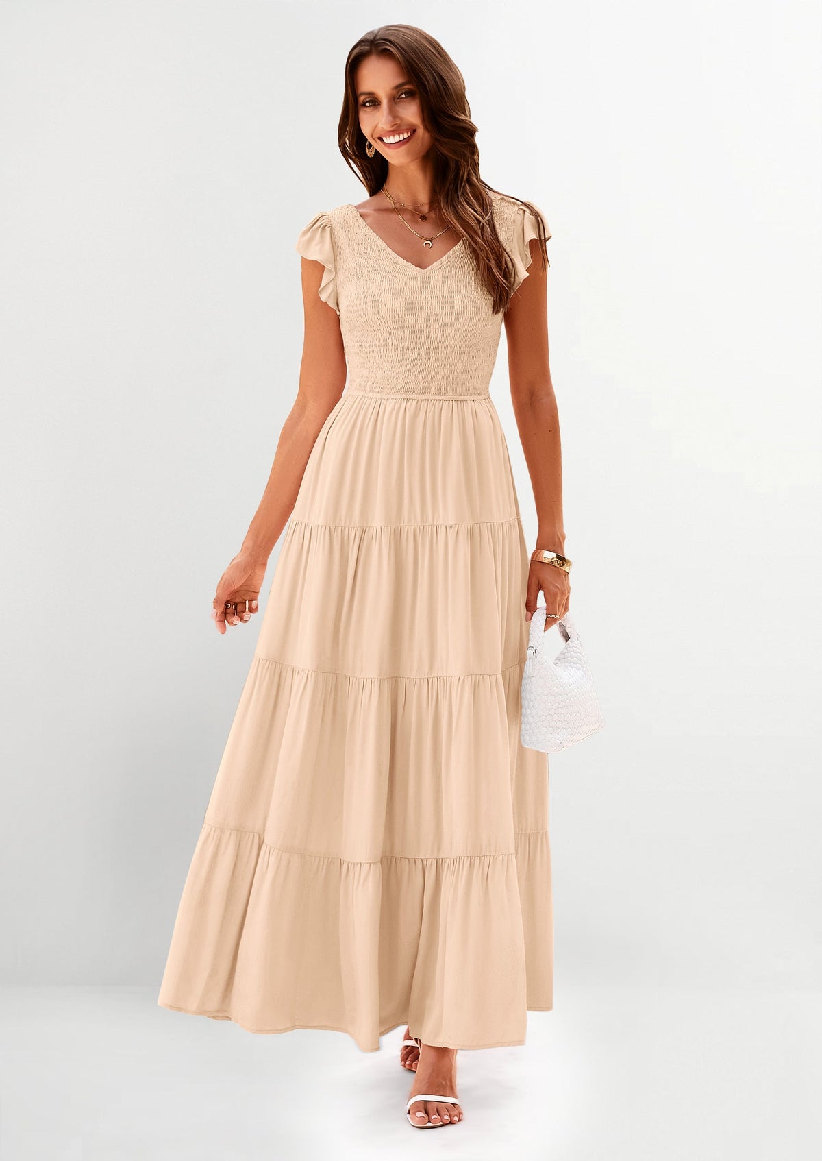 Flowy Smocked Maxi Dress - Cap Sleeve, V-Neck, Casual - photo 14
