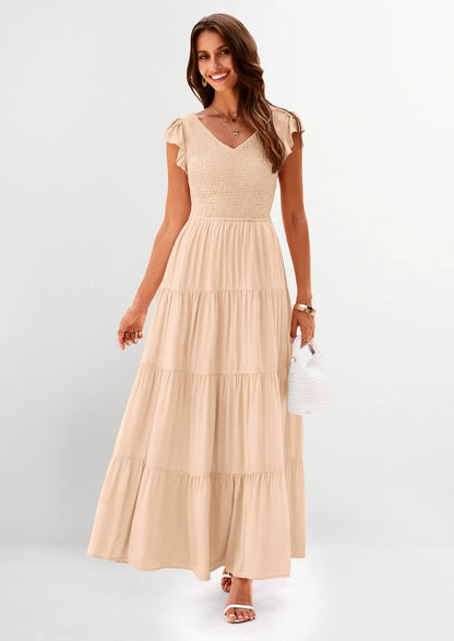 Flowy Smocked Maxi Dress - Cap Sleeve, V-Neck, Casual - photo 14