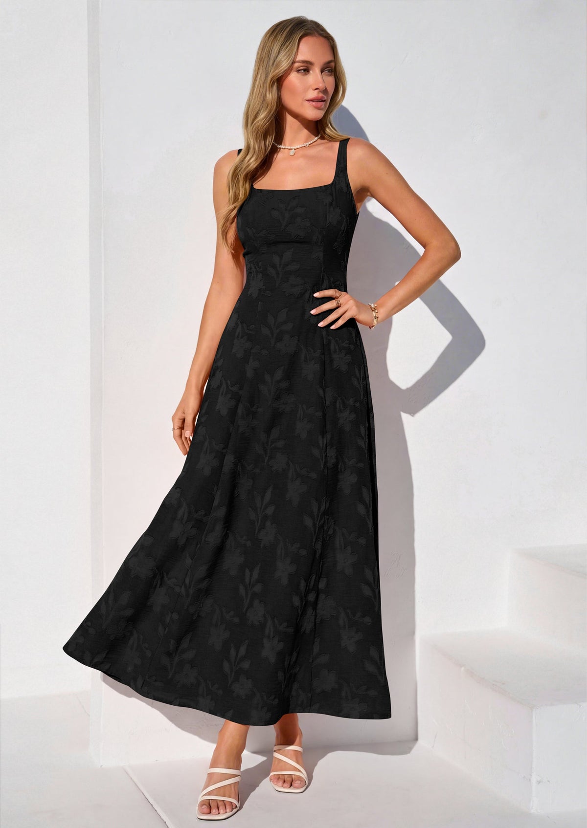 Jacquard Flowy Maxi Dress - Sleeveless, Square Neck, Casual - photo 30