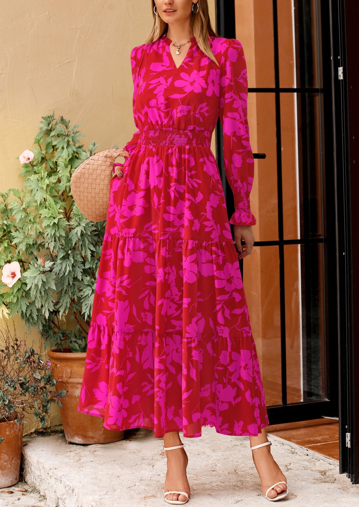 Floral A-Line Flowy Maxi Dress - Long Sleeve, V-Neck, Casual - photo 30