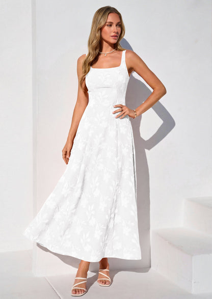 Jacquard Flowy Maxi Dress - Sleeveless, Square Neck, Casual - photo 36