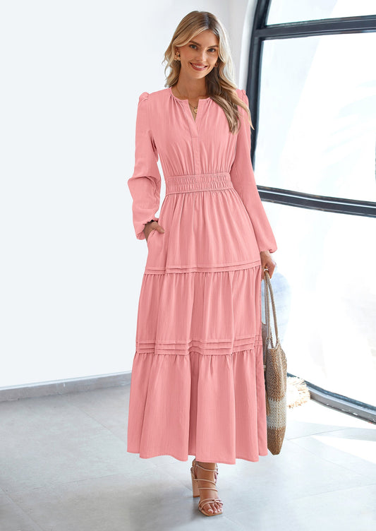 Flowy Maxi Dress - Long Sleeve, V-Neck, Casual - photo 1