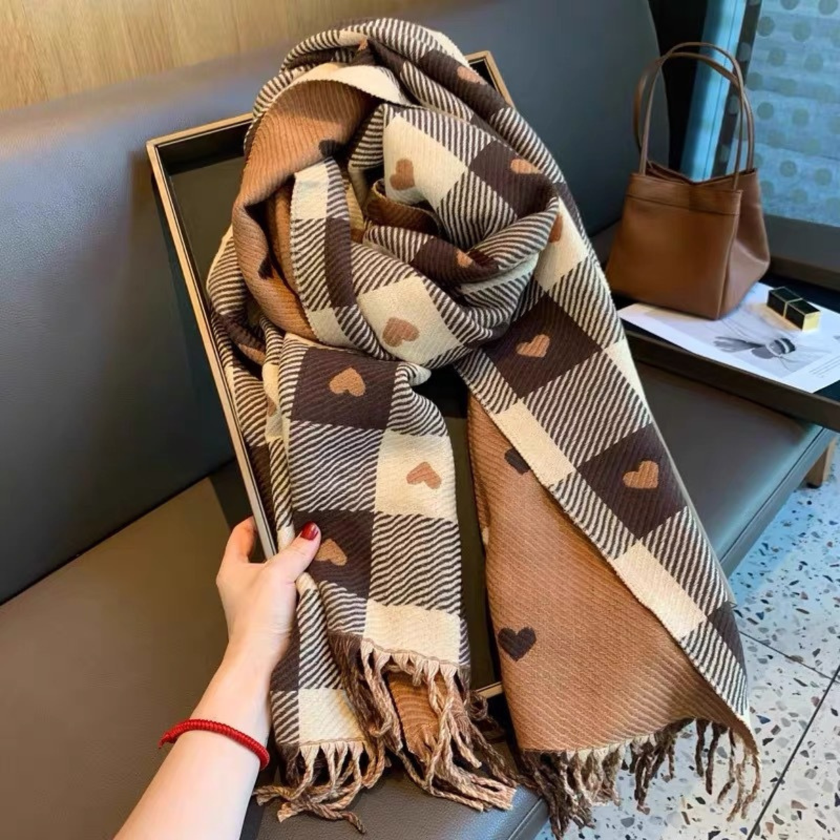 Warm reversible plaid scarf with double-sided design and stylish fringe tassels for cold weather