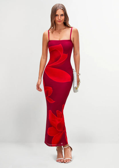 Floral Mesh Bodycon Maxi Dress - Spaghetti Strap, Beach - photo 34