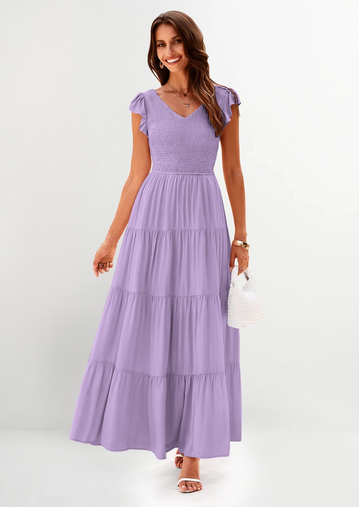 Flowy Smocked Maxi Dress - Cap Sleeve, V-Neck, Casual - photo 44