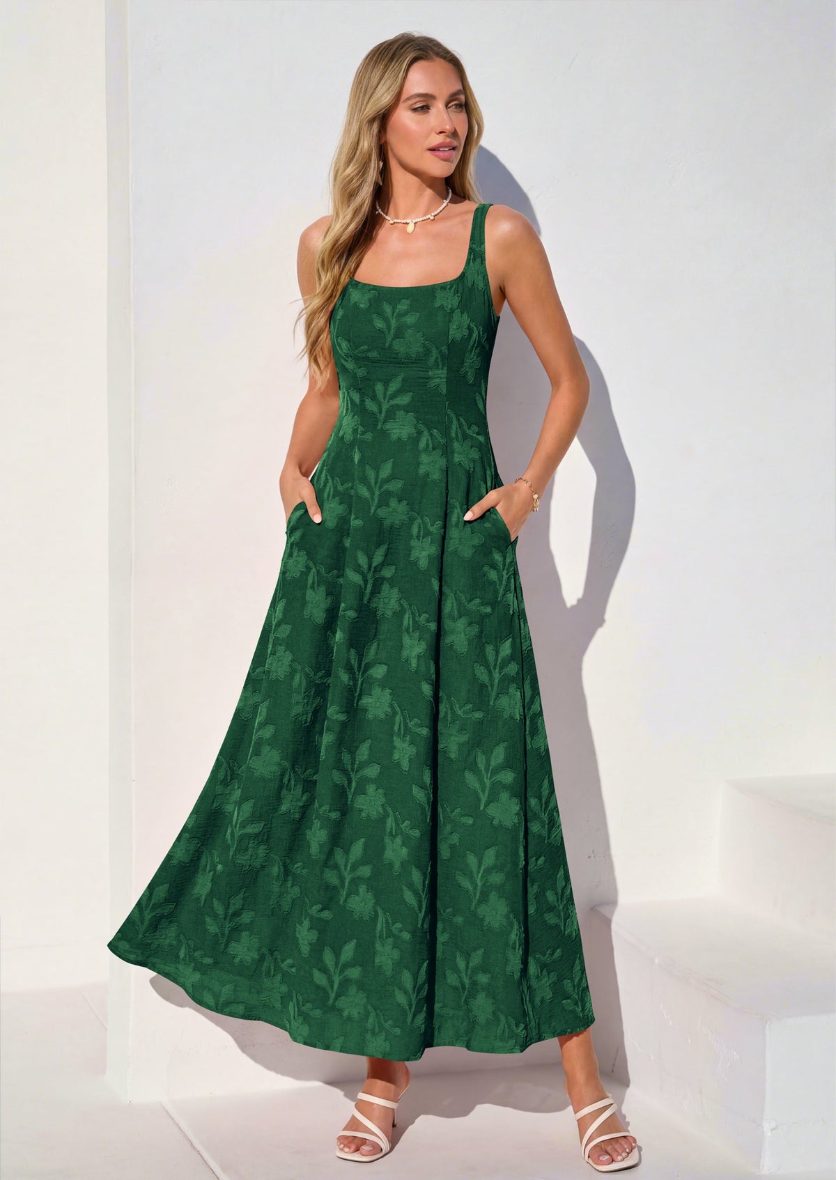 Jacquard Flowy Maxi Dress - Sleeveless, Square Neck, Casual - photo 15