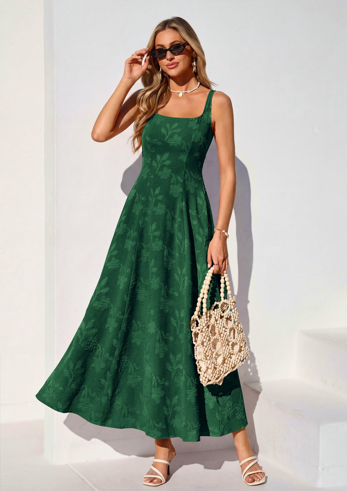 Jacquard Flowy Maxi Dress - Sleeveless, Square Neck, Casual - photo 16