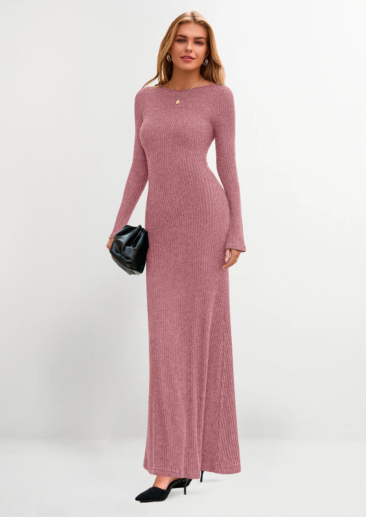 Ribbed Knit Bodycon Maxi Dress - Long Sleeve, Boat Neck, photo 38