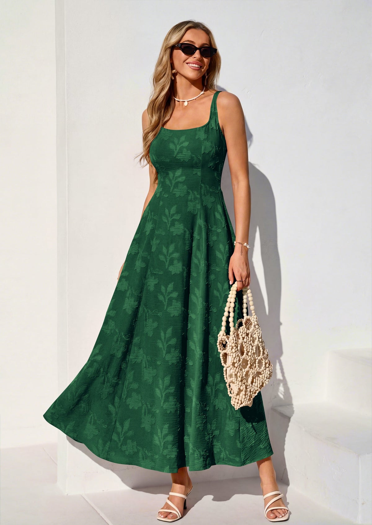 Jacquard Flowy Maxi Dress - Sleeveless, Square Neck, Casual - photo 17