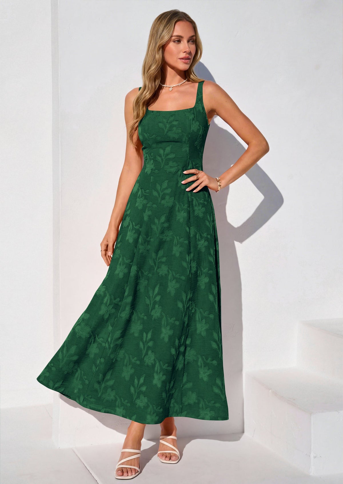 Jacquard Flowy Maxi Dress - Sleeveless, Square Neck, Casual - photo 18
