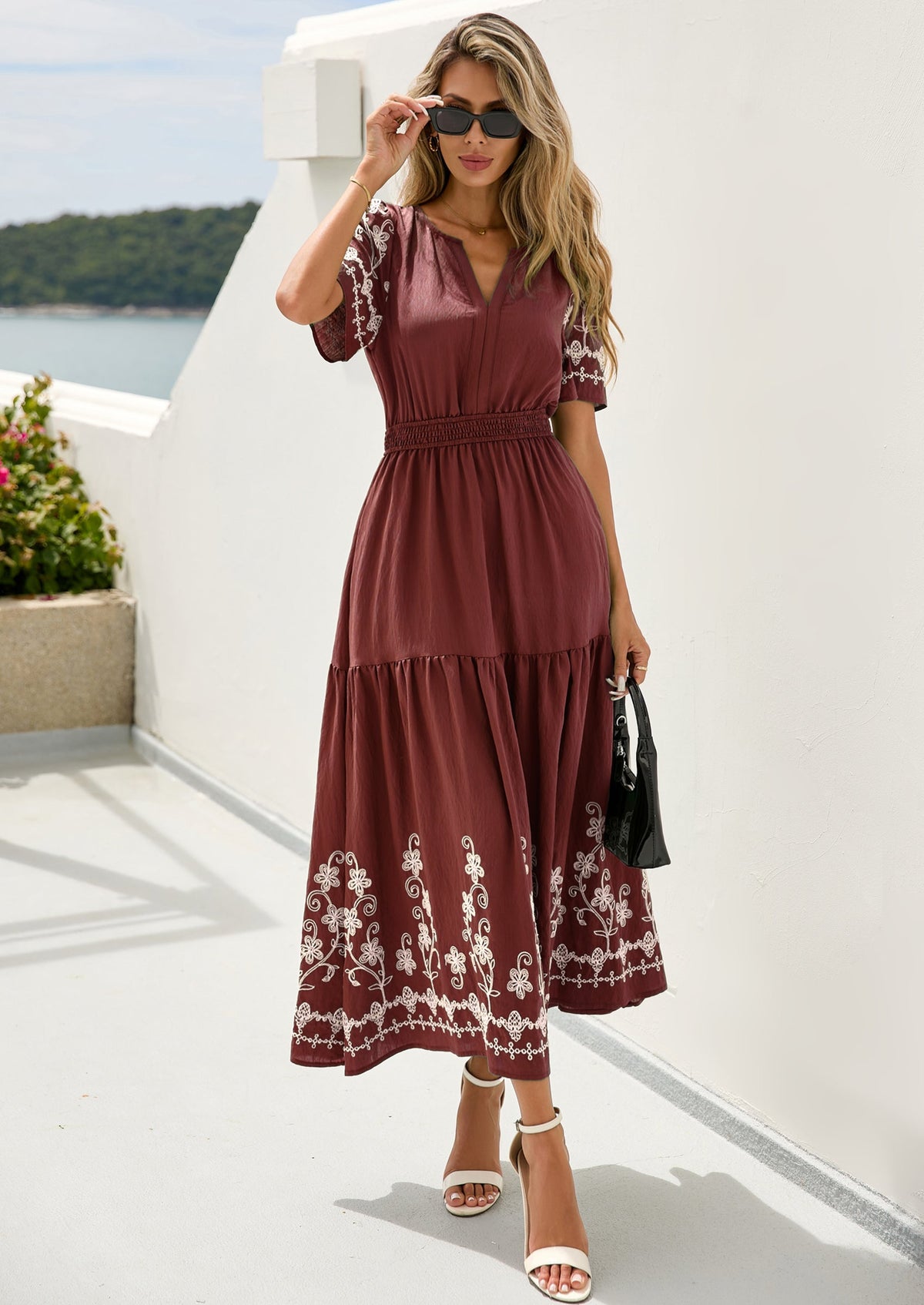 Floral A-Line Flowy Maxi Dress - Short Sleeve, V-Neck, Boho - photo 41