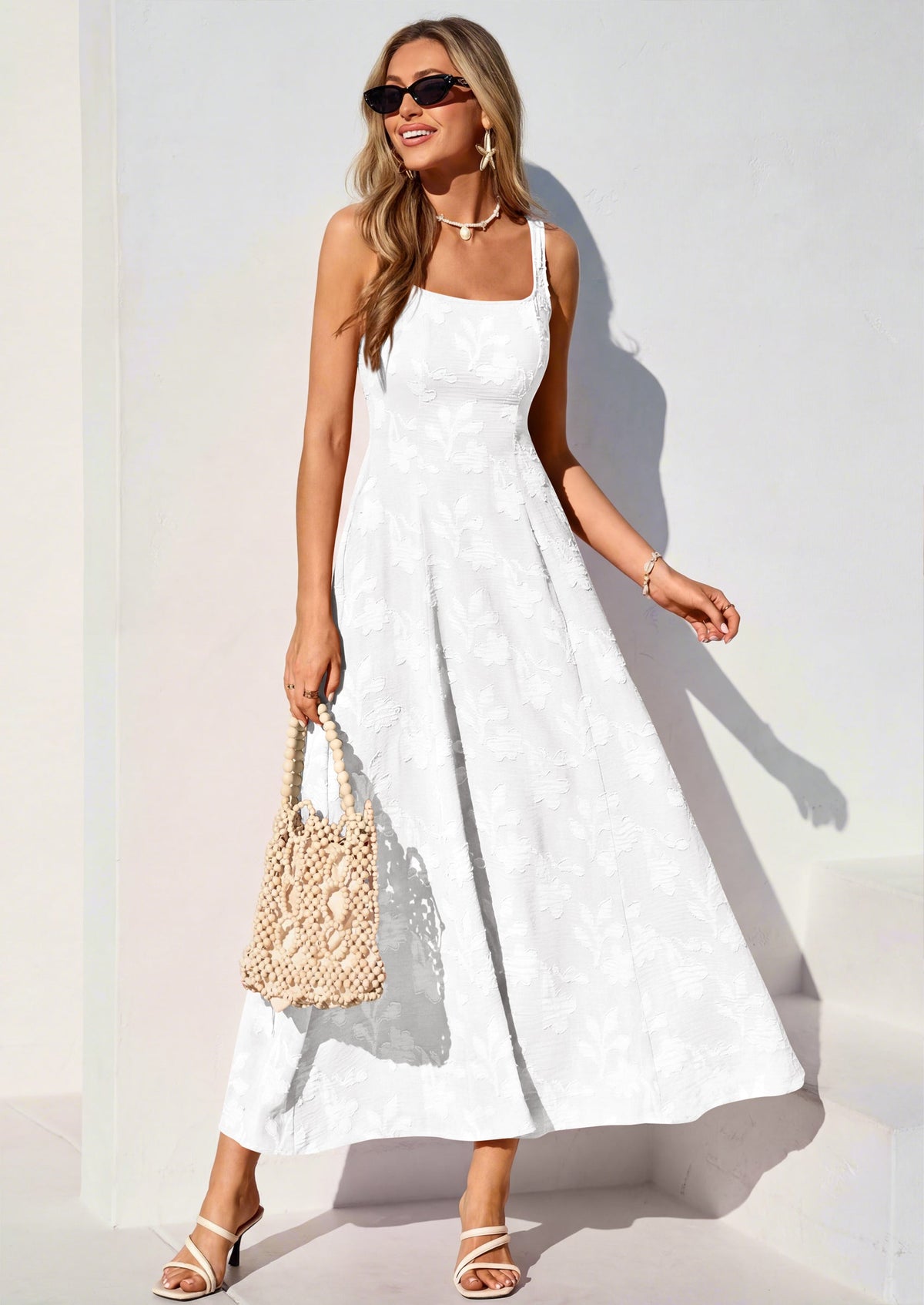 Jacquard Flowy Maxi Dress - Sleeveless, Square Neck, Casual - photo 37