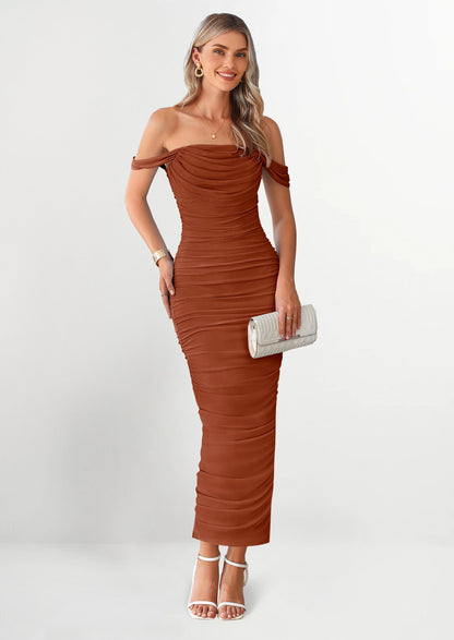 Ruched Bodycon Maxi Dress - Off-Shoulder, Cocktail - photo 82