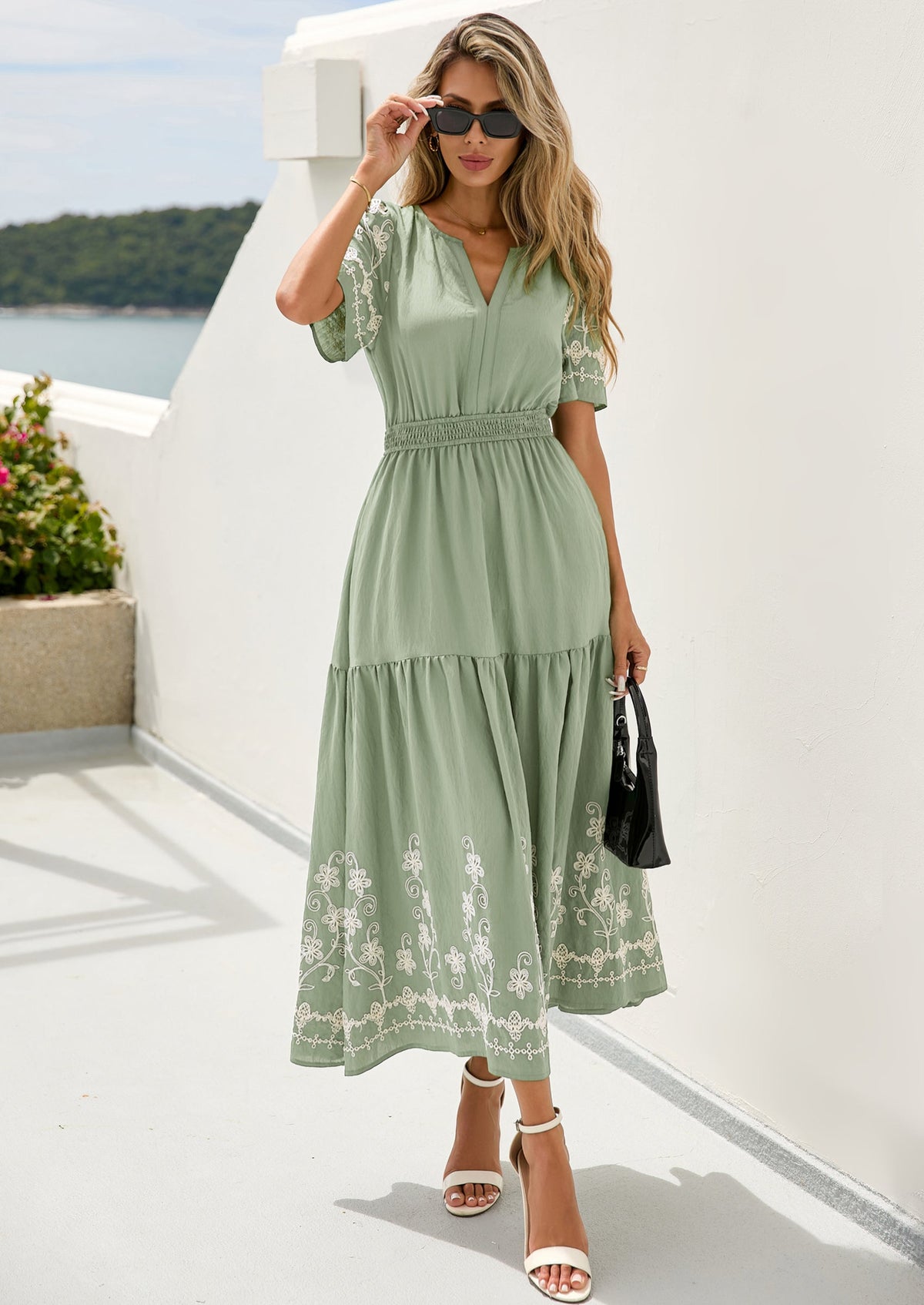 Floral A-Line Flowy Maxi Dress - Short Sleeve, V-Neck, Boho - photo 5