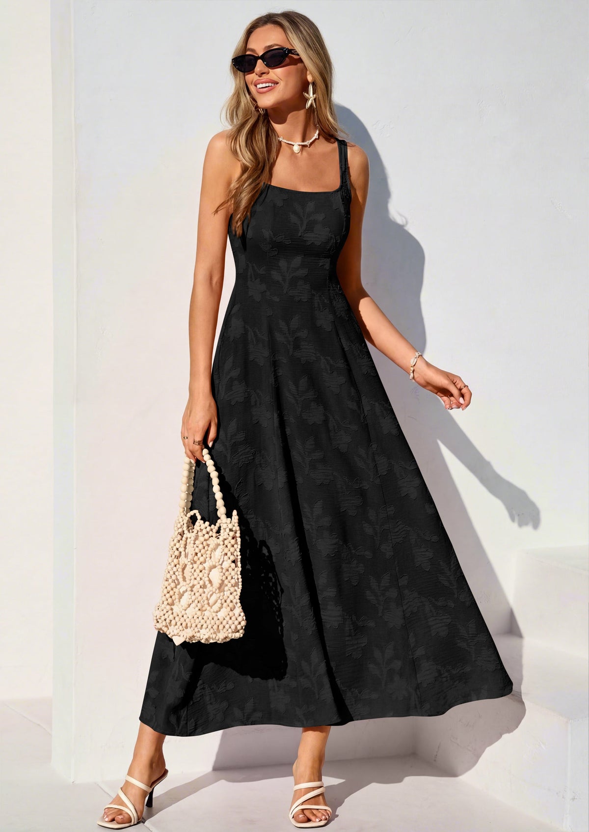 Jacquard Flowy Maxi Dress - Sleeveless, Square Neck, Casual - photo 31