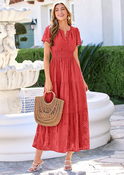 Floral A-Line Maxi Dress - Short Sleeve, V-Neck, Boho - Photo 24